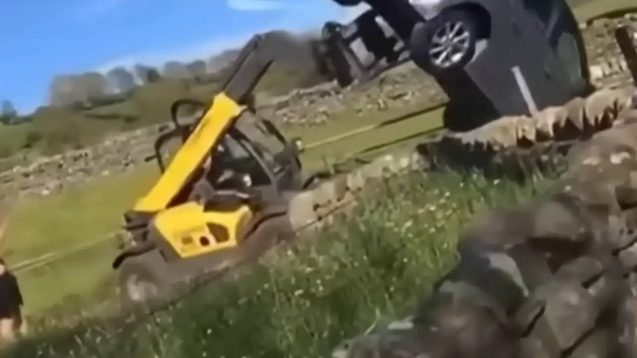 In 2021, a car with two flat tires blocked a County Durham farmer's gate; he flipped it