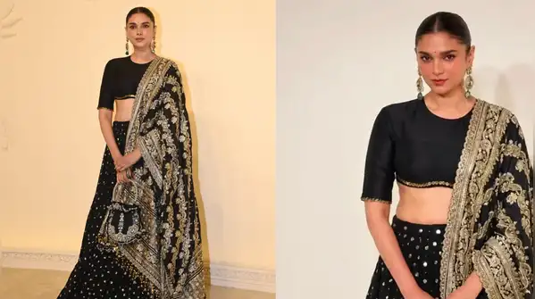 Aditi Rao Hydari captured eternal royalty while dressed in a black lehenga adorned with gold