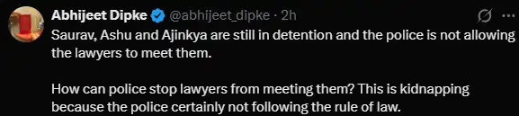 CJP's Saurav Das, Ashutosh Ranka, Ajinkya Shinde still detained; Abhijeet Dipke alleges police