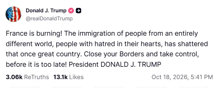 Trump links France violence to immigration, urges border closure — 'Hatred in their hearts'