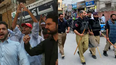 Supporters of imprisoned former Pak PM Imran Khan's at protest to condemn state of emergency
