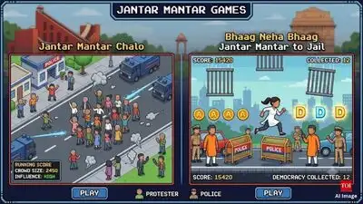 Jail bars and police personnel in orange kurtas rain down from above, and players must dodge