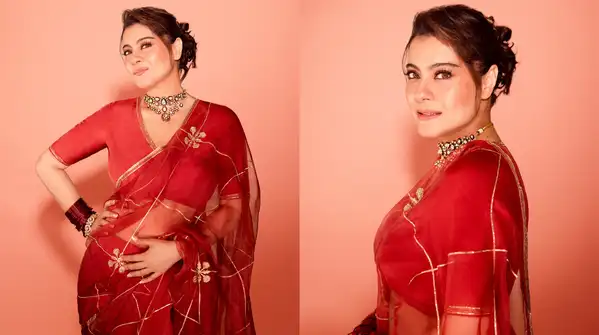 Kajol did just that this Dussehra in a red Anavila saree that brought together timeless Indian