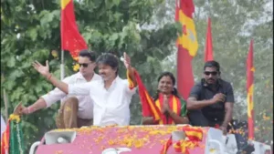 Vijay takes out roadshow through 30 villages, drives tractor, sips tea at roadside shop —
