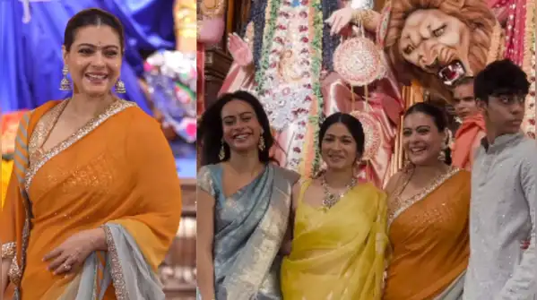 Kajol introduced understated drama during the Saptami festivities, dressed in a stunning