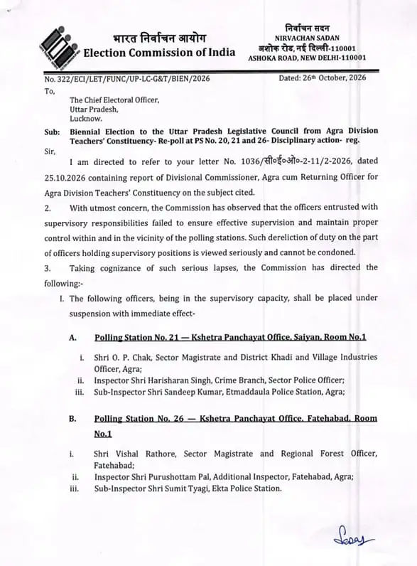 ECI orders suspension of 6 officers, action against 21 others over Agra MLC poll lapses