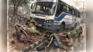 A young woman, injured when a private bus veered onto a pavement at market junction in the city