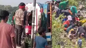 Sonbhadra tanker overturns with 24,000 litres diesel; locals rush to collect fuel despite fire risk