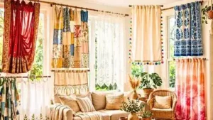 Old sarees, leftover fabric, flat sheets, and kitchen towels can all be turned into curtain