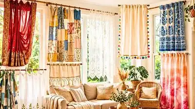 Old sarees, leftover fabric, flat sheets, and kitchen towels can all be turned into curtain