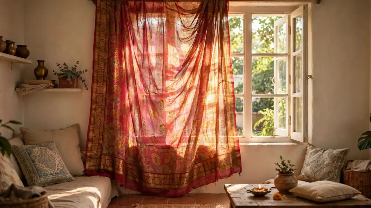 Old sarees, leftover fabric, flat sheets, and kitchen towels can all be turned into curtain