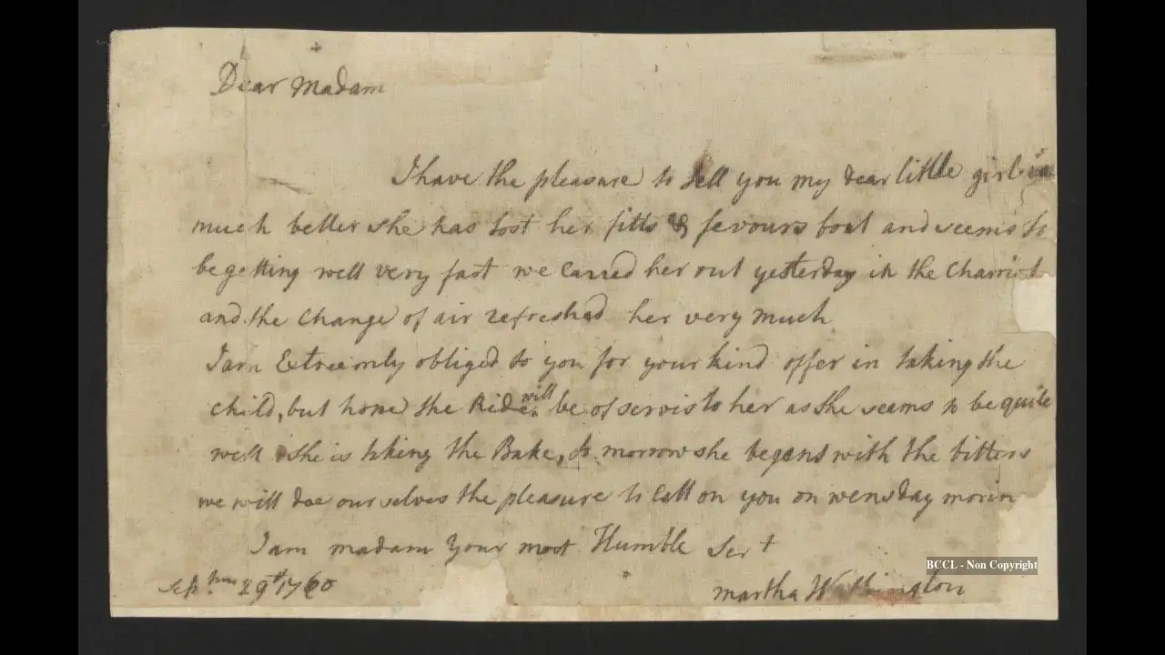 A letter Martha Washington wrote in 1760 about her four-year-old daughter's illness sold