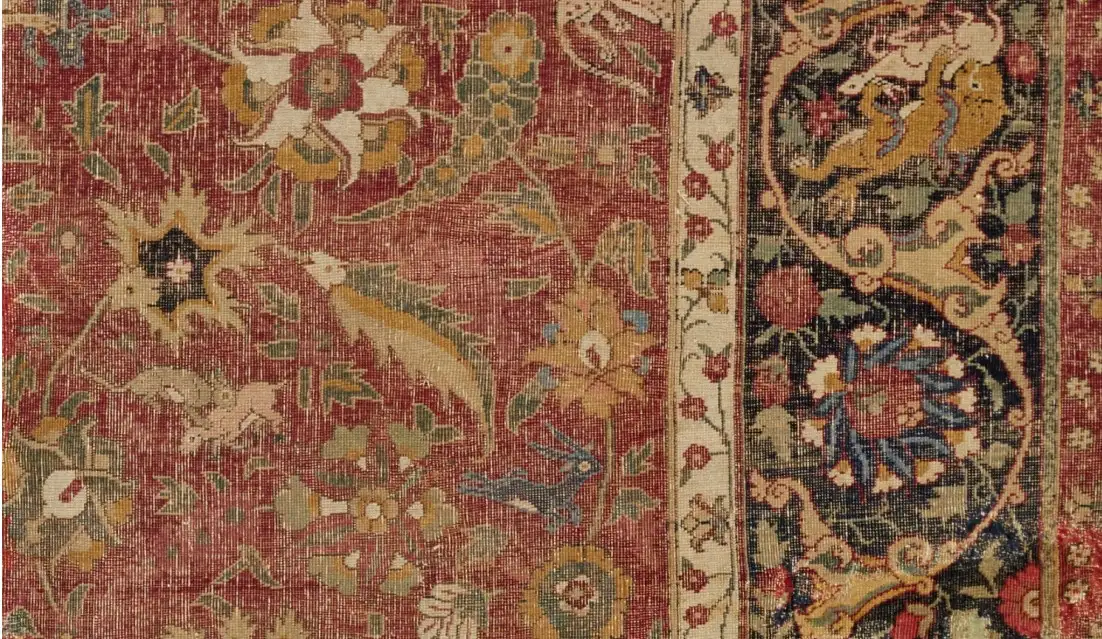 More about the carpet Also known as the ‘Yerkes-Remarque’ Mughal hunting carpet, the piece is