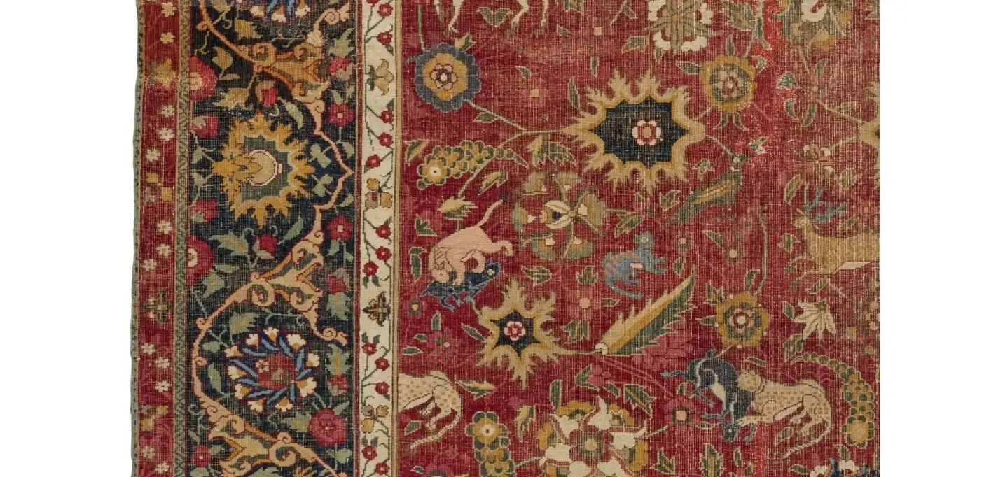 More about the carpet Also known as the ‘Yerkes-Remarque’ Mughal hunting carpet, the piece is